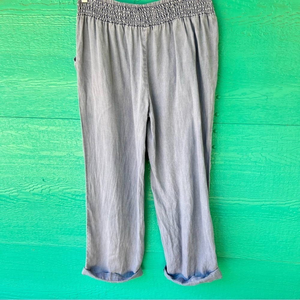 100% LINEN BLUE CHAMBRAY PULL ON DRAWSTRING WIDE LEG PANTS SIZE MEDIUM - Picture 2 of 5